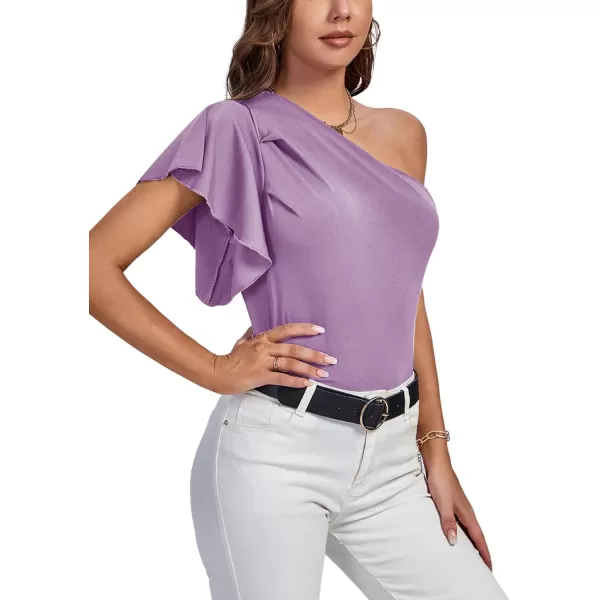 LYANER Women's Summer Elegant One Shoulder Ruched Ruffle Short Sleeve Blouse Top
