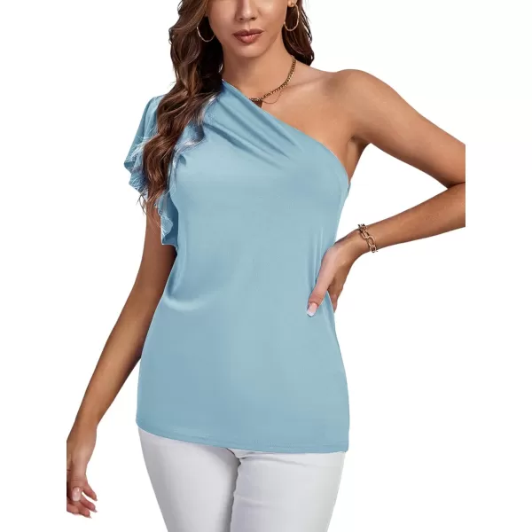 LYANER Women's Summer Elegant One Shoulder Ruched Ruffle Short Sleeve Blouse Top
