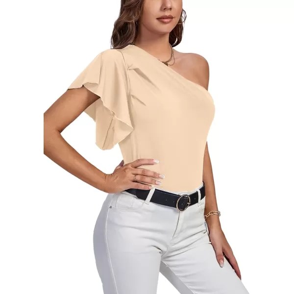 LYANER Women's Summer Elegant One Shoulder Ruched Ruffle Short Sleeve Blouse Top