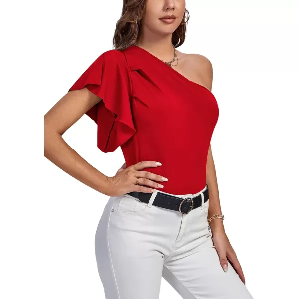 LYANER Women's Summer Elegant One Shoulder Ruched Ruffle Short Sleeve Blouse Top