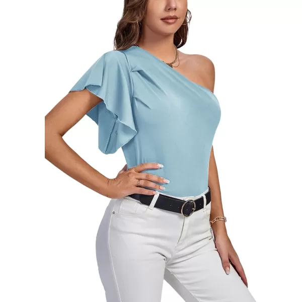 LYANER Women's Summer Elegant One Shoulder Ruched Ruffle Short Sleeve Blouse Top