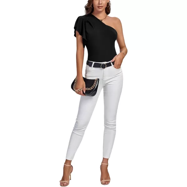 LYANER Women's Summer Elegant One Shoulder Ruched Ruffle Short Sleeve Blouse Top