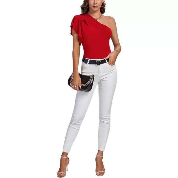 LYANER Women's Summer Elegant One Shoulder Ruched Ruffle Short Sleeve Blouse Top