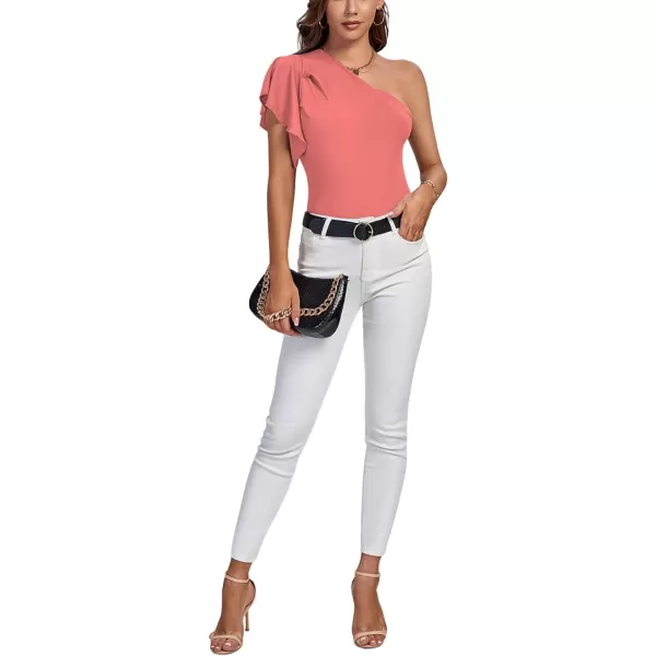 LYANER Women's Summer Elegant One Shoulder Ruched Ruffle Short Sleeve Blouse Top