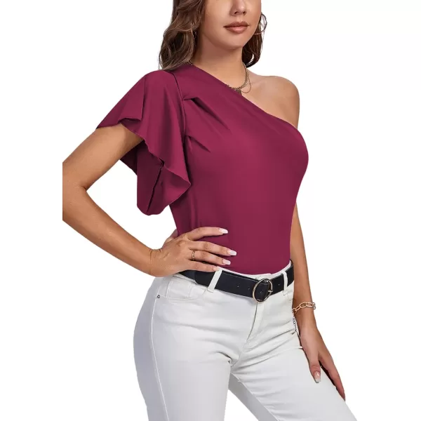 LYANER Women's Summer Elegant One Shoulder Ruched Ruffle Short Sleeve Blouse Top