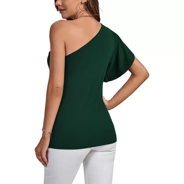 LYANER Women's Summer Elegant One Shoulder Ruched Ruffle Short Sleeve Blouse Top