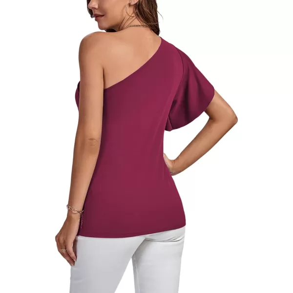 LYANER Women's Summer Elegant One Shoulder Ruched Ruffle Short Sleeve Blouse Top