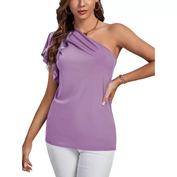 LYANER Women's Summer Elegant One Shoulder Ruched Ruffle Short Sleeve Blouse Top