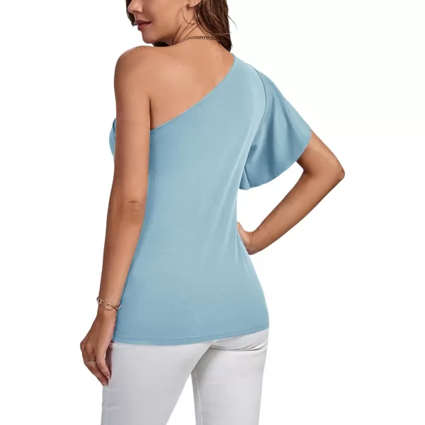 LYANER Women's Summer Elegant One Shoulder Ruched Ruffle Short Sleeve Blouse Top