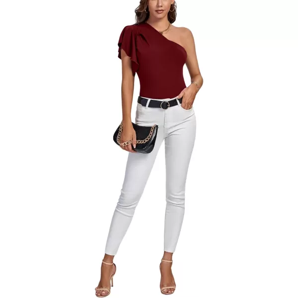 LYANER Women's Summer Elegant One Shoulder Ruched Ruffle Short Sleeve Blouse Top