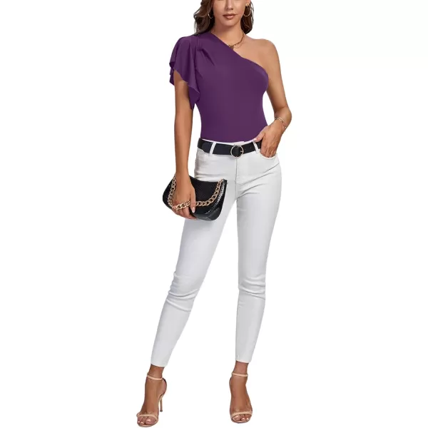 LYANER Women's Summer Elegant One Shoulder Ruched Ruffle Short Sleeve Blouse Top