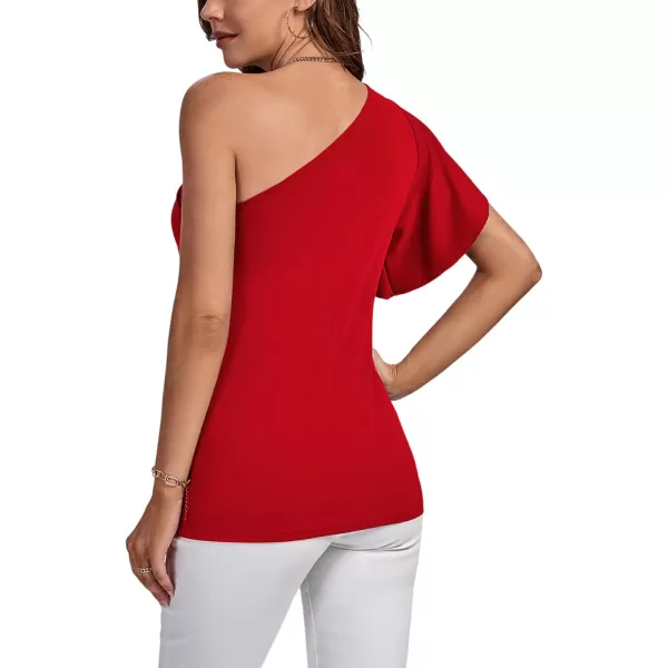 LYANER Women's Summer Elegant One Shoulder Ruched Ruffle Short Sleeve Blouse Top