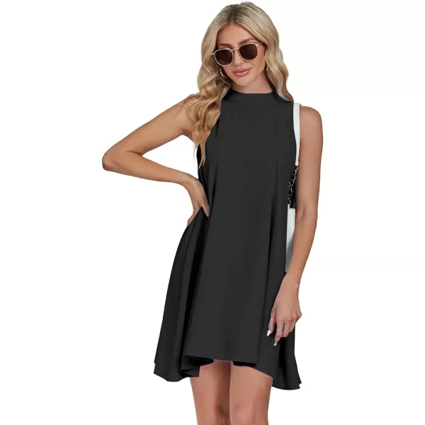 LYANER Women’s Summer Mock Neck Sleeveless Loose Tank Top Pleated Mini Beach Dress Sundress