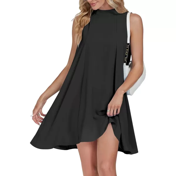 LYANER Women’s Summer Mock Neck Sleeveless Loose Tank Top Pleated Mini Beach Dress Sundress