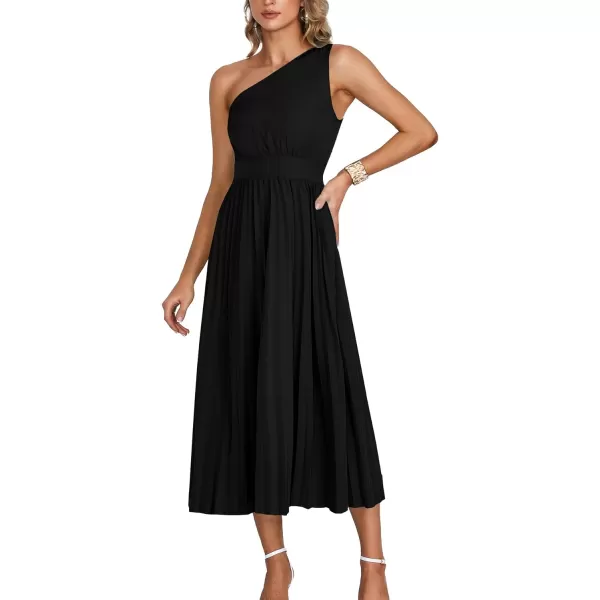 LYANER Women's Summer One Shoulder Sleeveless Pleated Midi Dresses Casual Flowy Cocktail Party Dress
