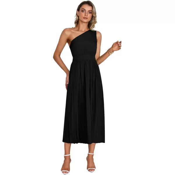 LYANER Women's Summer One Shoulder Sleeveless Pleated Midi Dresses Casual Flowy Cocktail Party Dress