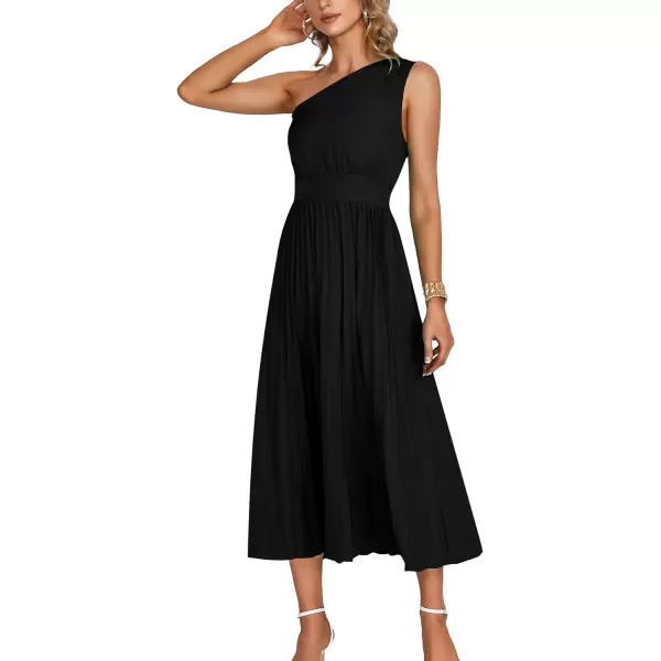 LYANER Women's Summer One Shoulder Sleeveless Pleated Midi Dresses Casual Flowy Cocktail Party Dress