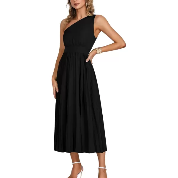LYANER Women's Summer One Shoulder Sleeveless Pleated Midi Dresses Casual Flowy Cocktail Party Dress