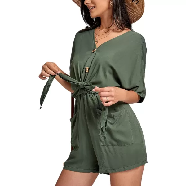 LYANER Women's Summer Romper V Neck Button Tie Knot Waist Pockets Short Sleeve Jumpsuit Playsuit