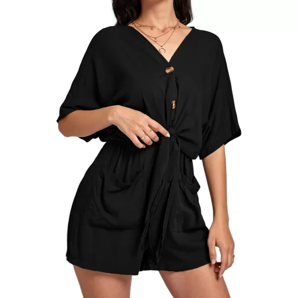 LYANER Women's Summer Romper V Neck Button Tie Knot Waist Pockets Short Sleeve Jumpsuit Playsuit