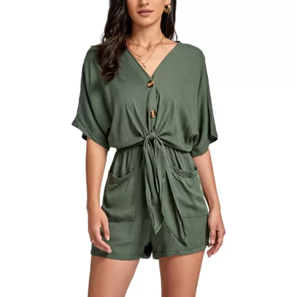 LYANER Women's Summer Romper V Neck Button Tie Knot Waist Pockets Short Sleeve Jumpsuit Playsuit