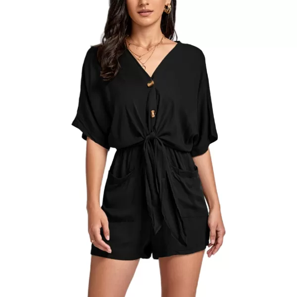 LYANER Women's Summer Romper V Neck Button Tie Knot Waist Pockets Short Sleeve Jumpsuit Playsuit