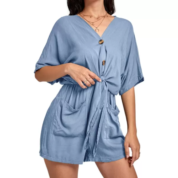LYANER Women's Summer Romper V Neck Button Tie Knot Waist Pockets Short Sleeve Jumpsuit Playsuit