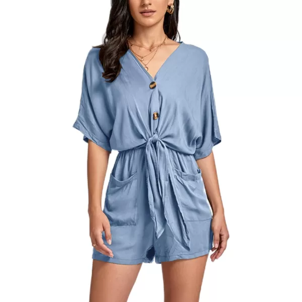 LYANER Women's Summer Romper V Neck Button Tie Knot Waist Pockets Short Sleeve Jumpsuit Playsuit