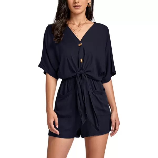 LYANER Women's Summer Romper V Neck Button Tie Knot Waist Pockets Short Sleeve Jumpsuit Playsuit