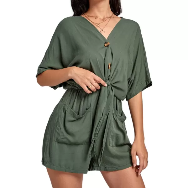 LYANER Women's Summer Romper V Neck Button Tie Knot Waist Pockets Short Sleeve Jumpsuit Playsuit