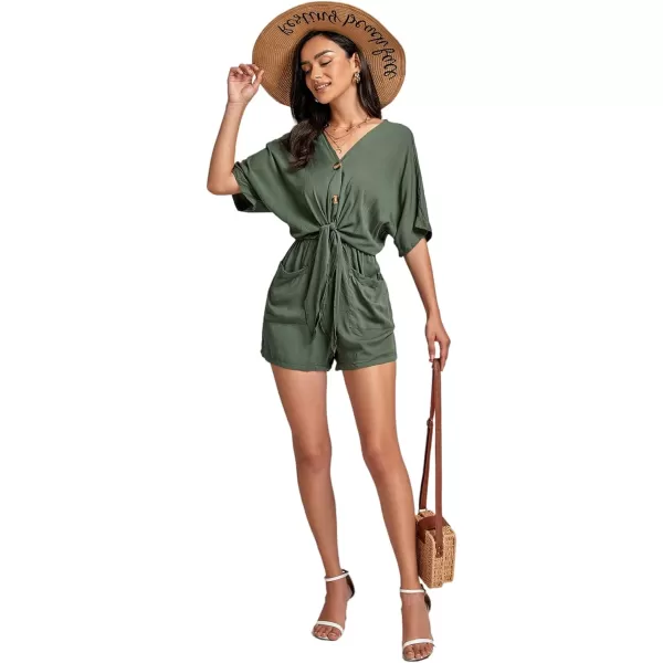 LYANER Women's Summer Romper V Neck Button Tie Knot Waist Pockets Short Sleeve Jumpsuit Playsuit