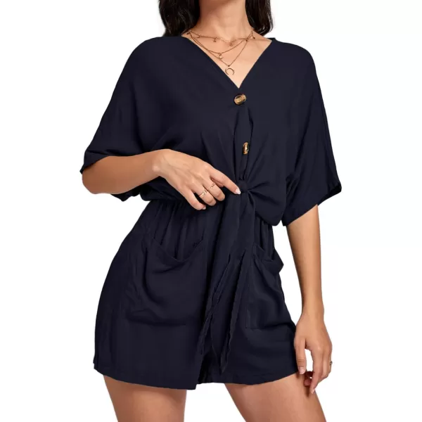 LYANER Women's Summer Romper V Neck Button Tie Knot Waist Pockets Short Sleeve Jumpsuit Playsuit