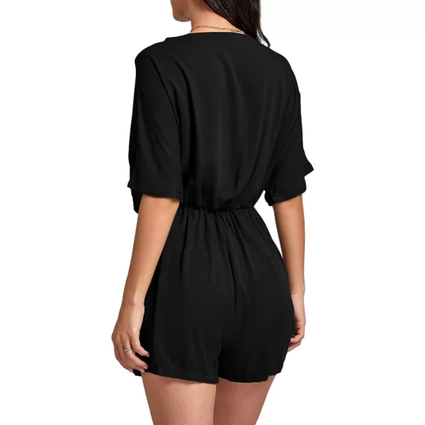 LYANER Women's Summer Romper V Neck Button Tie Knot Waist Pockets Short Sleeve Jumpsuit Playsuit
