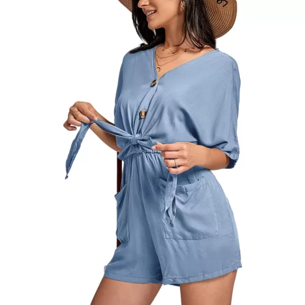 LYANER Women's Summer Romper V Neck Button Tie Knot Waist Pockets Short Sleeve Jumpsuit Playsuit