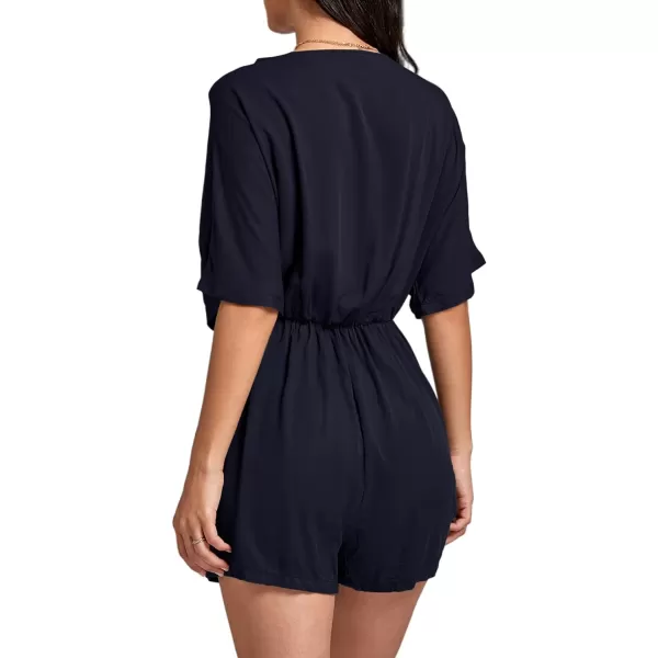 LYANER Women's Summer Romper V Neck Button Tie Knot Waist Pockets Short Sleeve Jumpsuit Playsuit