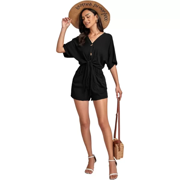 LYANER Women's Summer Romper V Neck Button Tie Knot Waist Pockets Short Sleeve Jumpsuit Playsuit