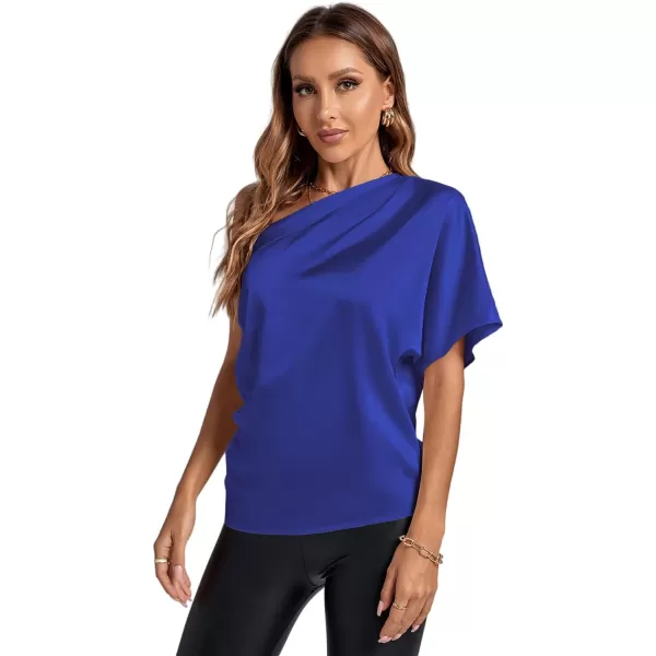 LYANER Women's Summer Satin One Shoulder Ruched Batwing Short Sleeve Blouse Shirt