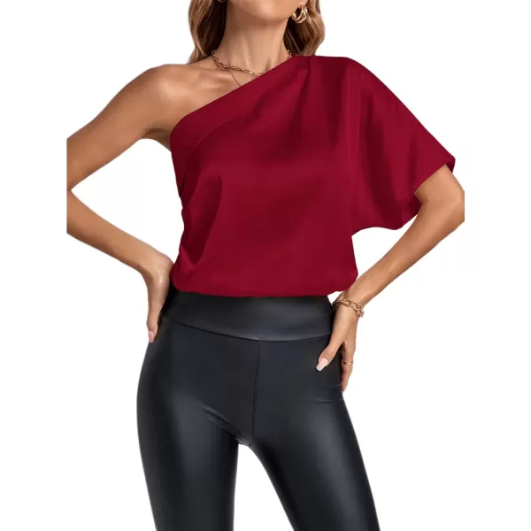 LYANER Women's Summer Satin One Shoulder Ruched Batwing Short Sleeve Blouse Shirt