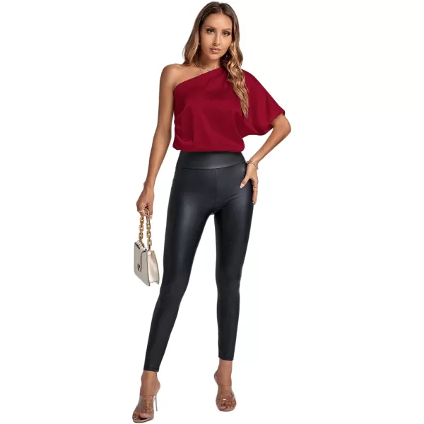 LYANER Women's Summer Satin One Shoulder Ruched Batwing Short Sleeve Blouse Shirt