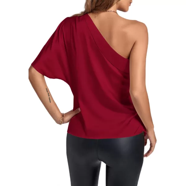LYANER Women's Summer Satin One Shoulder Ruched Batwing Short Sleeve Blouse Shirt