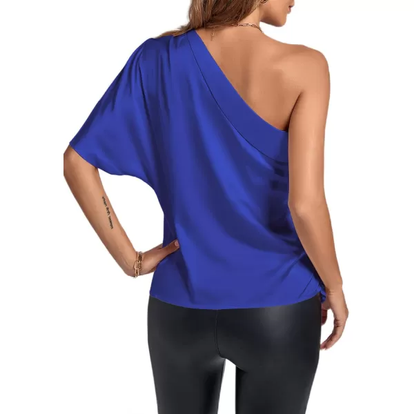 LYANER Women's Summer Satin One Shoulder Ruched Batwing Short Sleeve Blouse Shirt