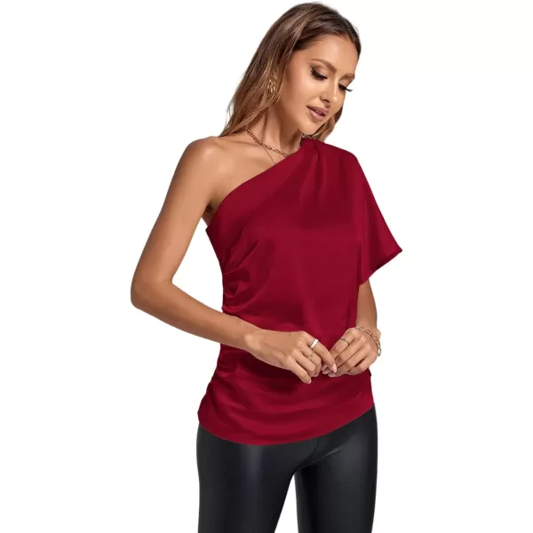 LYANER Women's Summer Satin One Shoulder Ruched Batwing Short Sleeve Blouse Shirt