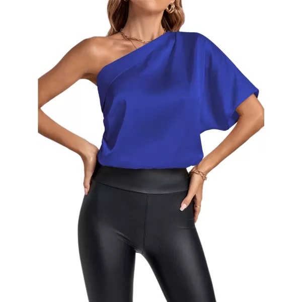 LYANER Women's Summer Satin One Shoulder Ruched Batwing Short Sleeve Blouse Shirt