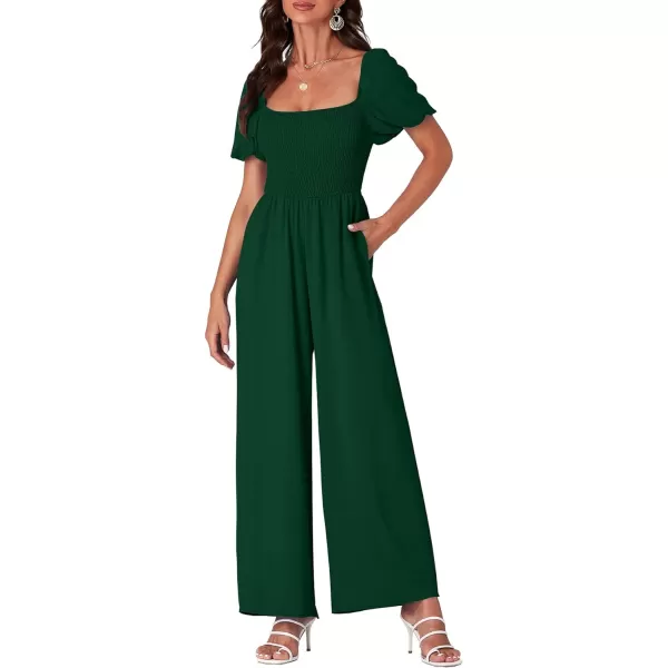 LYANER Women's Summer Smocked Jumpsuits Square Neck Shirred Short Sleeve Casual High Waist Wide Leg Long Romper