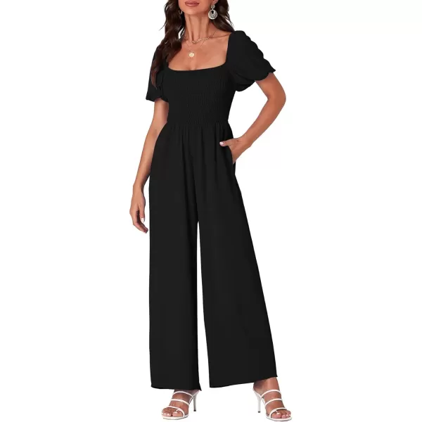LYANER Women's Summer Smocked Jumpsuits Square Neck Shirred Short Sleeve Casual High Waist Wide Leg Long Romper