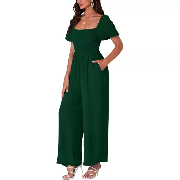 LYANER Women's Summer Smocked Jumpsuits Square Neck Shirred Short Sleeve Casual High Waist Wide Leg Long Romper