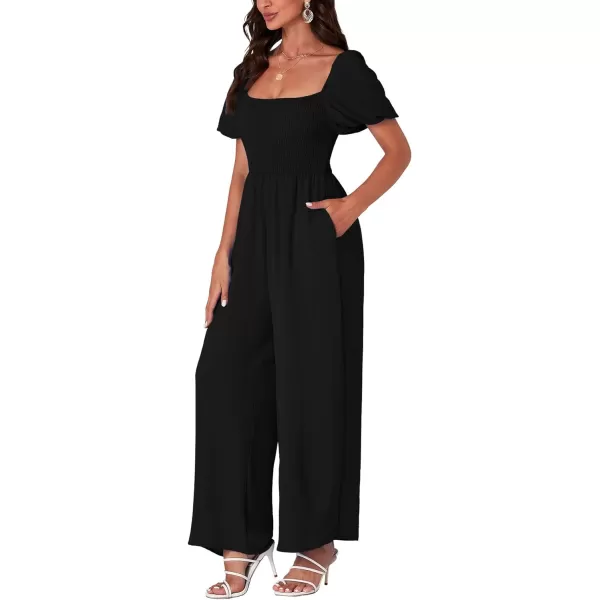 LYANER Women's Summer Smocked Jumpsuits Square Neck Shirred Short Sleeve Casual High Waist Wide Leg Long Romper