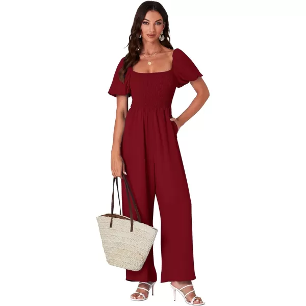 LYANER Women's Summer Smocked Jumpsuits Square Neck Shirred Short Sleeve Casual High Waist Wide Leg Long Romper