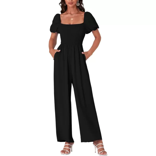 LYANER Women's Summer Smocked Jumpsuits Square Neck Shirred Short Sleeve Casual High Waist Wide Leg Long Romper