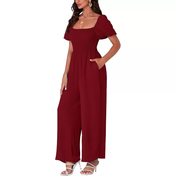 LYANER Women's Summer Smocked Jumpsuits Square Neck Shirred Short Sleeve Casual High Waist Wide Leg Long Romper